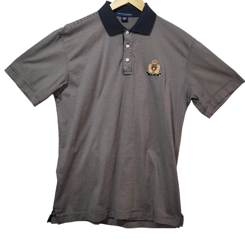 Devon & Jones Mens Pima Cotton Striped Polo Shirt Italia Crest Navy White Size M